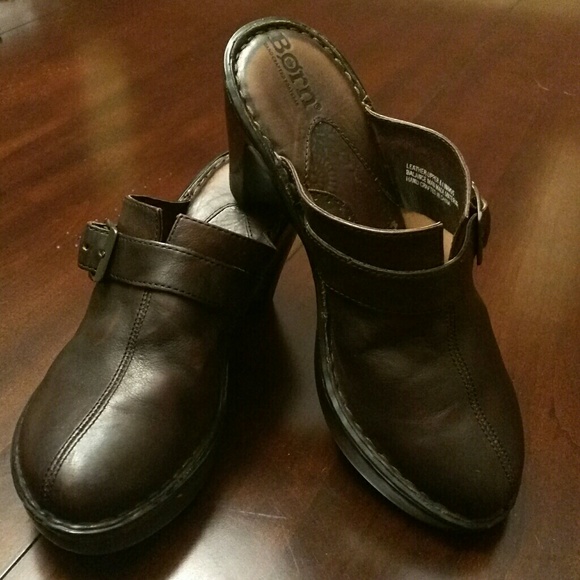 Born Slide-on Brown Leather Buckle Wedge Heel Clog - Picture 2 of 7